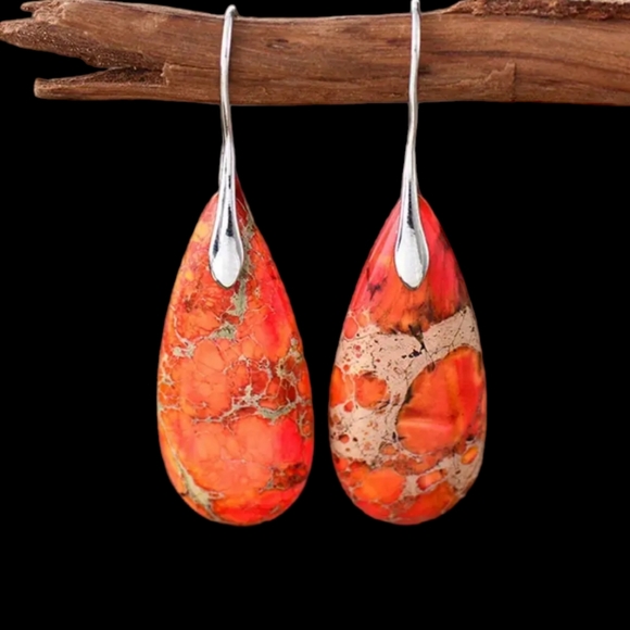 Beautiful Orange Jasper Drop Earrings With 925 Silver Plated Ear Hook. - Picture 2 of 3